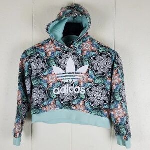 Adidas Hoodie Juniors Small Green Graphic Trefoil Logo Long Sleeve Crop Pullover